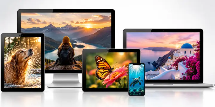 Desktopmonitor, Laptop, Tablet und Mobiltelefon, die Bearbeitungsgeräte anzeigen