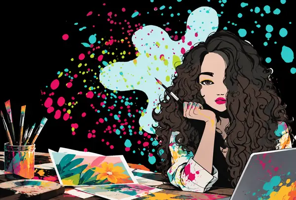 Illustrierter kreativer Editor mit dunklen Locken und farbenfrohen Farbspritzern