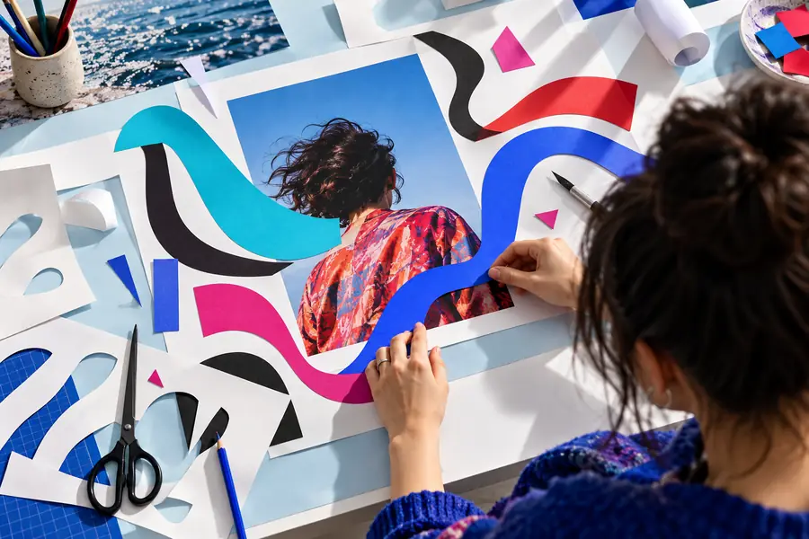 Creative workspace showing text arranged over an image
